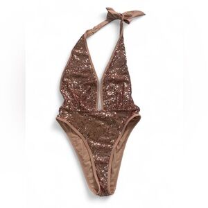 FASHION NOVA ROSE GOLD SEQUIN ONE PIECE OPEN BACK SWIMSUIT/BODYSUIT